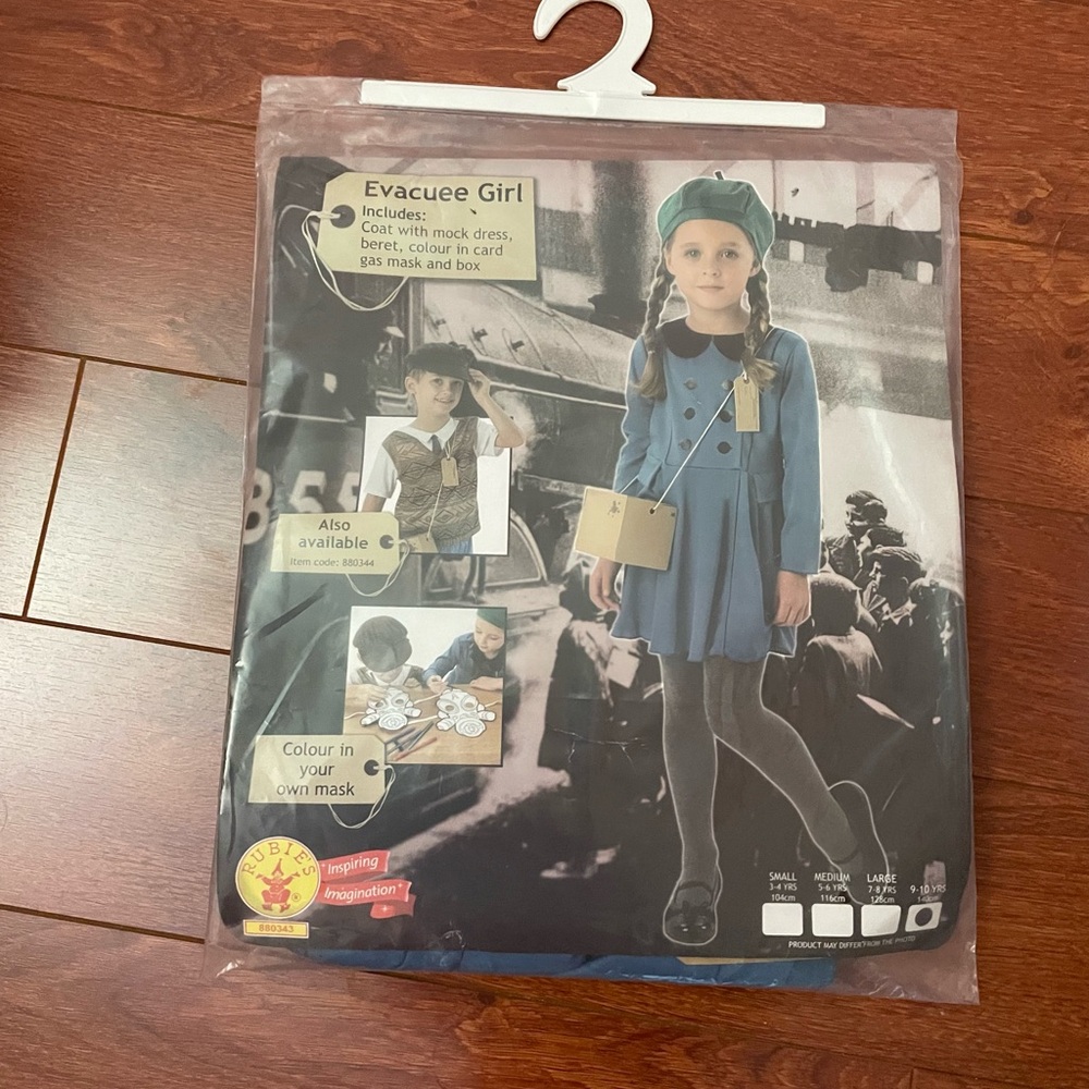 Evacuee Girl Costume with Blue Dress and Accessories